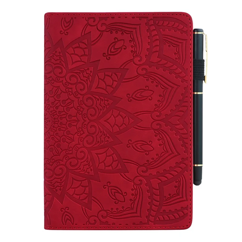 Tablet Case For iPad 10.2 (2021)  /  10.2 (2020)  /  10.2 (2019)   /  9.7-inch (2018)  /  9.7-inch (2017) Imprinting Calf Leather Flower Pattern Stand Cover Shell with Pen Holder Strap - Red