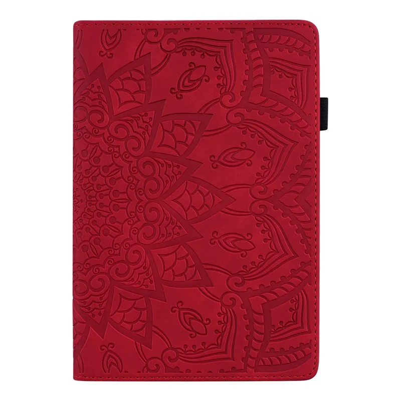 Tablet Case For iPad 10.2 (2021)  /  10.2 (2020)  /  10.2 (2019)   /  9.7-inch (2018)  /  9.7-inch (2017) Imprinting Calf Leather Flower Pattern Stand Cover Shell with Pen Holder Strap - Red