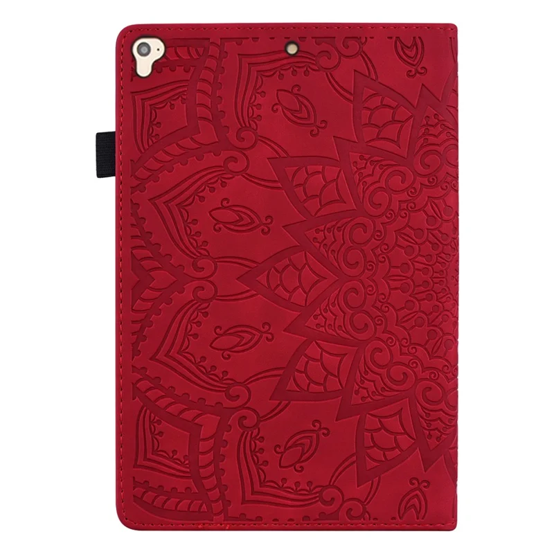 Tablet Case For iPad 10.2 (2021)  /  10.2 (2020)  /  10.2 (2019)   /  9.7-inch (2018)  /  9.7-inch (2017) Imprinting Calf Leather Flower Pattern Stand Cover Shell with Pen Holder Strap - Red