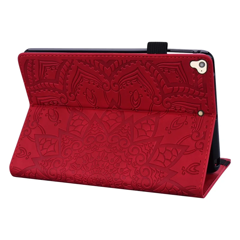Tablet Case For iPad 10.2 (2021)  /  10.2 (2020)  /  10.2 (2019)   /  9.7-inch (2018)  /  9.7-inch (2017) Imprinting Calf Leather Flower Pattern Stand Cover Shell with Pen Holder Strap - Red