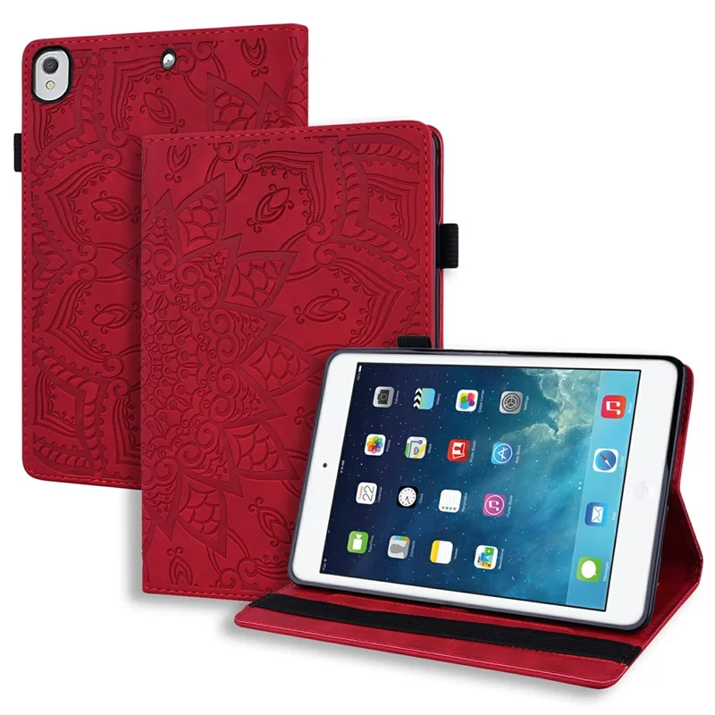Tabletlock för iPad 10,2 (2020) / 10,2 (2019) / Air 10,5 tum (2019) Inpräntad kalvskinn Blommönster Ställfodral med pennhållare - Röd