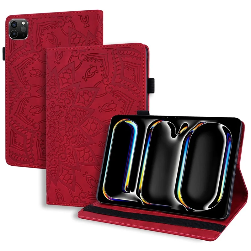 Tabletbeskyttelse til iPad Pro 13 (2025) / (2024) med præget kalvlæder blomstermønster stander dækskål med pennelomme - Rød