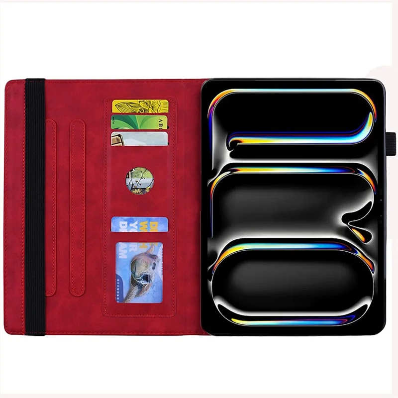 Tabletbeskyttelse til iPad Pro 13 (2025) / (2024) med præget kalvlæder blomstermønster stander dækskål med pennelomme - Rød