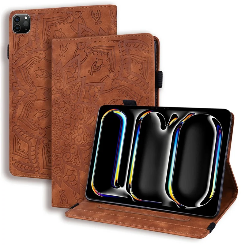 Funda para tableta para iPad Pro 13 (2025) / (2024) con diseño impreso de flor, carcasa de cuero de becerro con soporte y correa para bolígrafo - Marrón