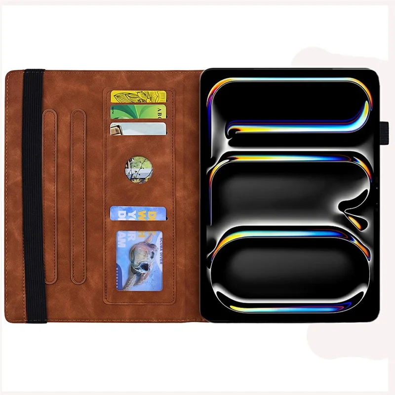 Funda para tableta para iPad Pro 13 (2025) / (2024) con diseño impreso de flor, carcasa de cuero de becerro con soporte y correa para bolígrafo - Marrón