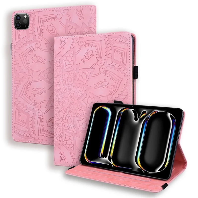 Funda para tableta para iPad Pro 13 (2025) / (2024) con diseño impreso de flor, carcasa de cuero de becerro con soporte y correa para bolígrafo - Rosa