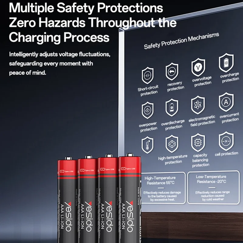 YESIDO YP98 4Pcs 1.5V 666mWh AAA Rechargeable Batteries Type-C Direct Charging Lithium Ion Battery