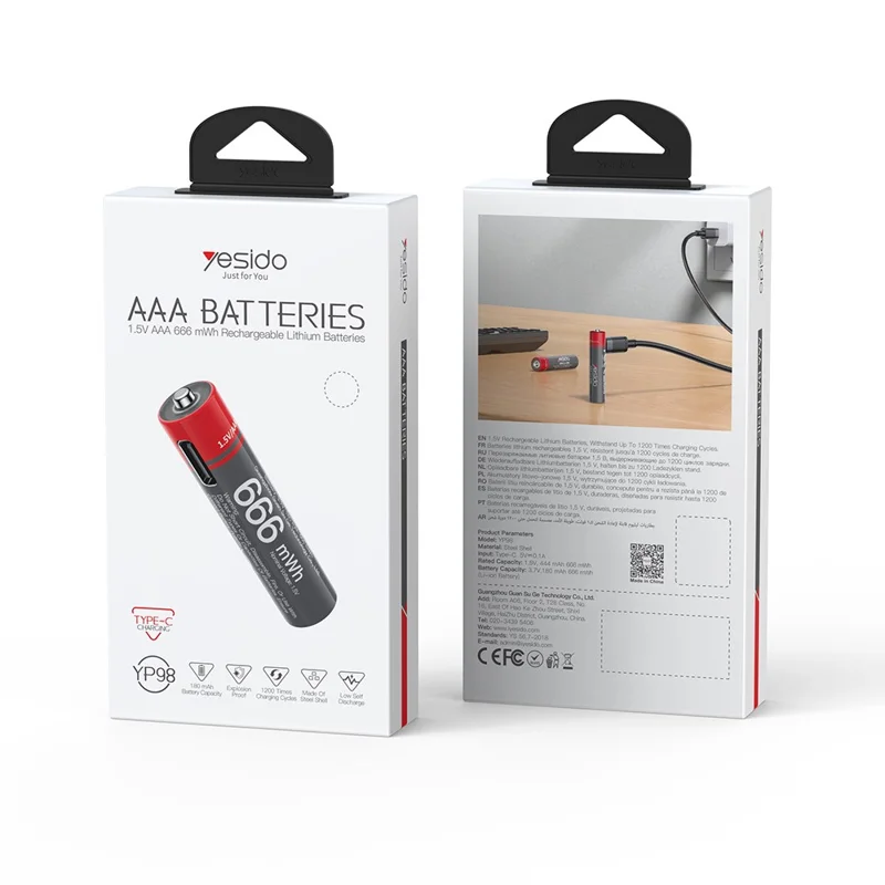 YESIDO YP98 4Pcs 1.5V 666mWh AAA Rechargeable Batteries Type-C Direct Charging Lithium Ion Battery