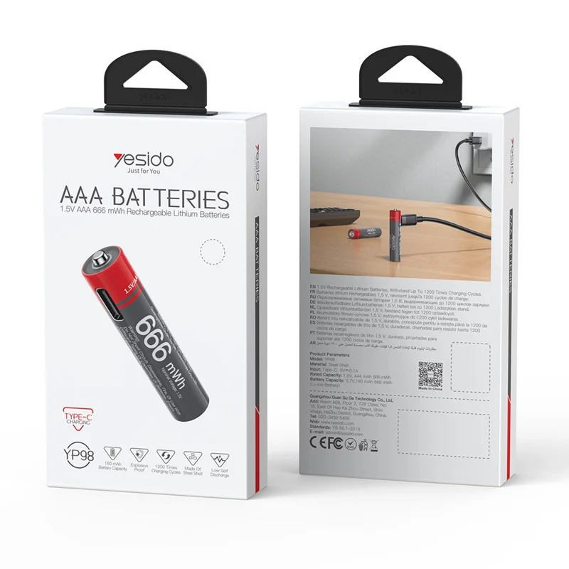 YESIDO YP98 8Pcs 1.5V 666mWh AAA Rechargeable Batteries Type-C Direct Charging Lithium Ion Battery