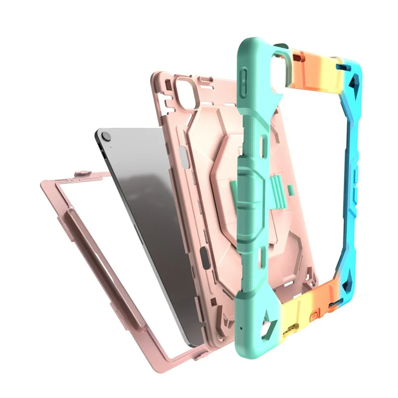 Cover per iPad Air 13 (2026) / (2025) / (2024) con Supporto e Cinturino da Polso, Custodia per Tablet in PC + Silicone - Arcobaleno+Rosa