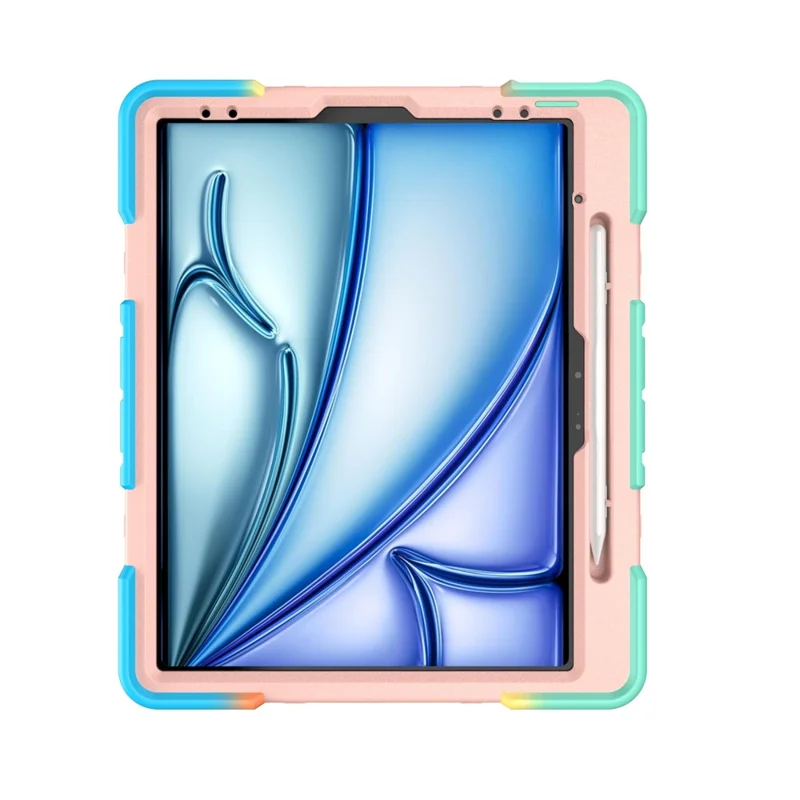 Cover per iPad Air 13 (2026) / (2025) / (2024) con Supporto e Cinturino da Polso, Custodia per Tablet in PC + Silicone - Arcobaleno+Rosa