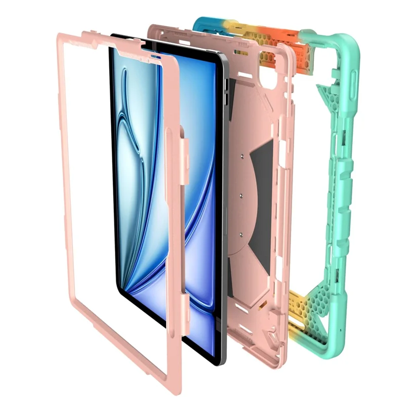 Cover per iPad Air 13 (2026) / (2025) / (2024) con Supporto e Cinturino da Polso, Custodia per Tablet in PC + Silicone - Arcobaleno+Rosa