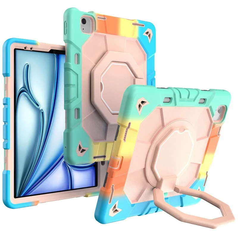 Cover per iPad Air 13 (2026) / (2025) / (2024) con Impugnatura a Maniglia e Supporto Integrato in PC + Silicone - Arcobaleno+Rosa