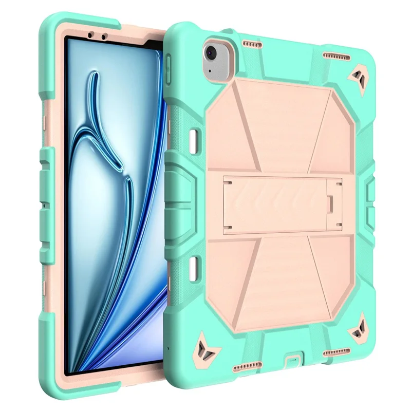 For iPad Air 13 (2026)  /  (2025)  /  (2024) Tablet Case with Kickstand PC + Silicone Shockproof Protective Cover - Grass Green + Pink