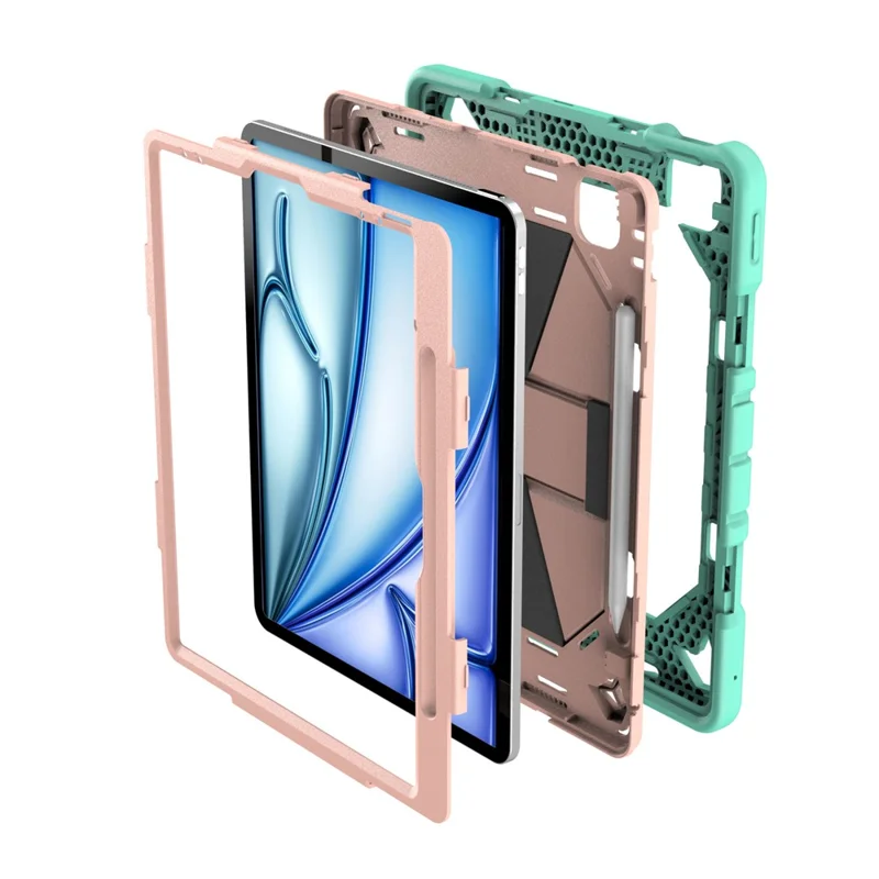 For iPad Air 13 (2026)  /  (2025)  /  (2024) Tablet Case with Kickstand PC + Silicone Shockproof Protective Cover - Grass Green + Pink