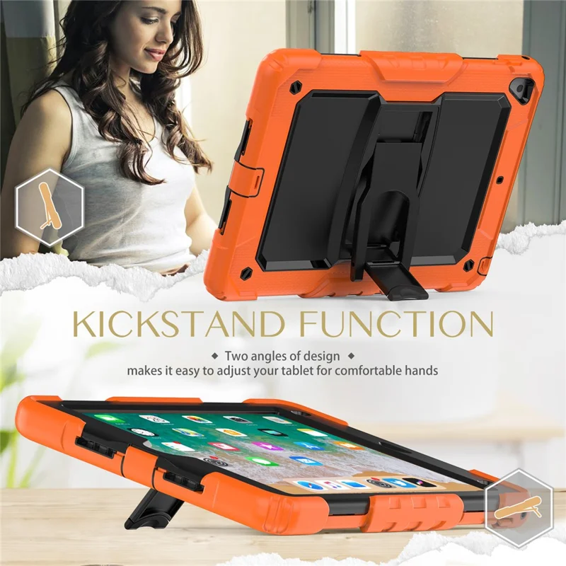 Kickstand Case for iPad 9.7-inch (2018) / (2017) / iPad Pro 9.7 inch (2016) / iPad Air 2 PC + Silicone Tablet Cover with Shoulder Strap - Orange