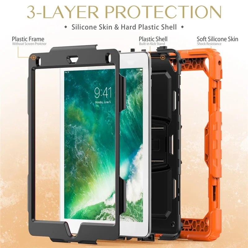 Kickstand Case for iPad 9.7-inch (2018) / (2017) / iPad Pro 9.7 inch (2016) / iPad Air 2 PC + Silicone Tablet Cover with Shoulder Strap - Orange