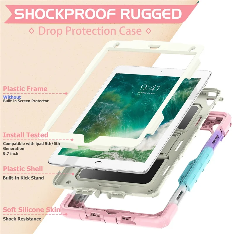 Kickstand Case for iPad 9.7-inch (2018) / (2017) / iPad Pro 9.7 inch (2016) / iPad Air 2 PC + Silicone Shockproof Tablet Cover - Camo Pink