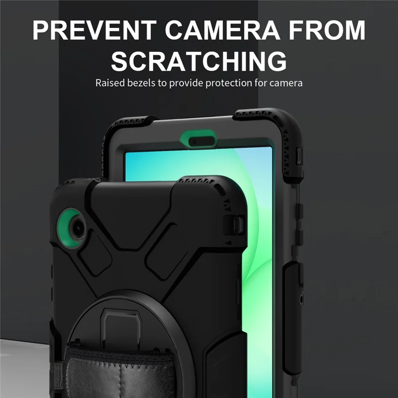 For Samsung Galaxy Tab A11 Case Kickstand PC + Silicone Tablet Cover with Shoulder Strap - Black