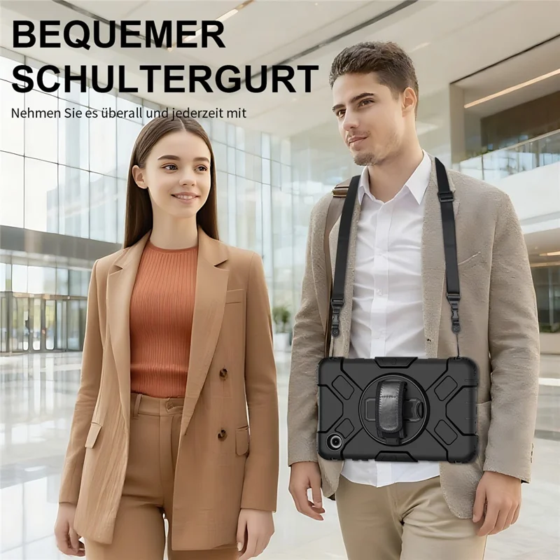 For Samsung Galaxy Tab A11 Case Kickstand PC + Silicone Tablet Cover with Shoulder Strap - Black