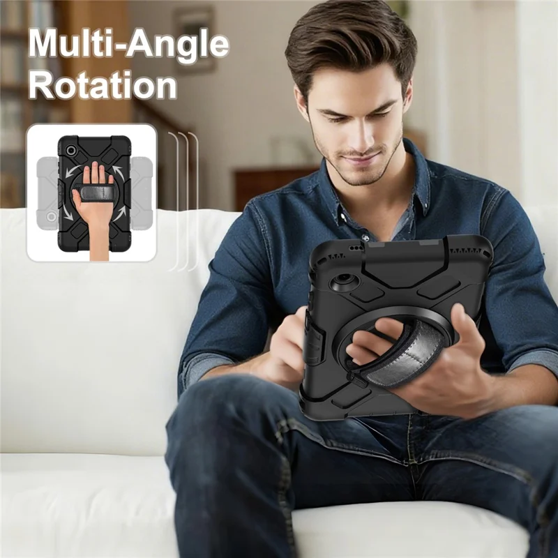 For Samsung Galaxy Tab A11 Case Kickstand PC + Silicone Tablet Cover with Shoulder Strap - Black