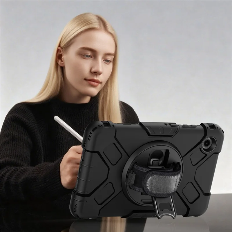 For Samsung Galaxy Tab A11 Case Kickstand PC + Silicone Tablet Cover with Shoulder Strap - Black