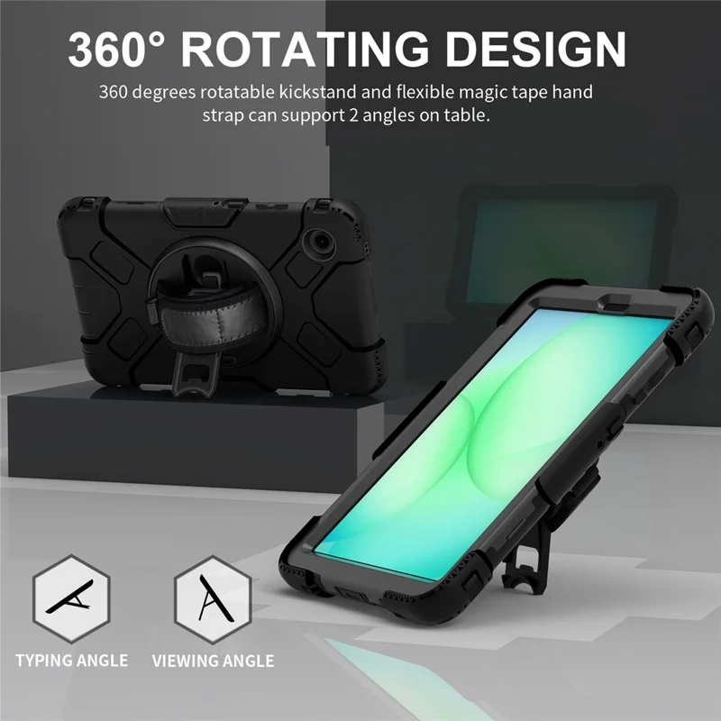 For Samsung Galaxy Tab A11 Case Kickstand PC + Silicone Tablet Cover with Shoulder Strap - Black