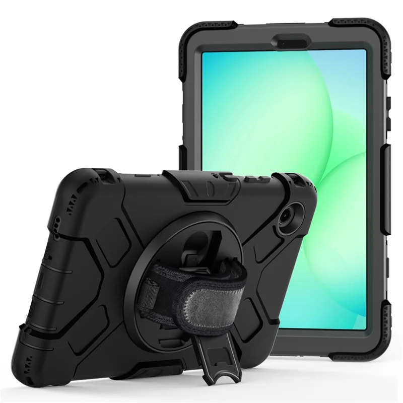 For Samsung Galaxy Tab A11 Case Kickstand PC + Silicone Tablet Cover with Shoulder Strap - Black