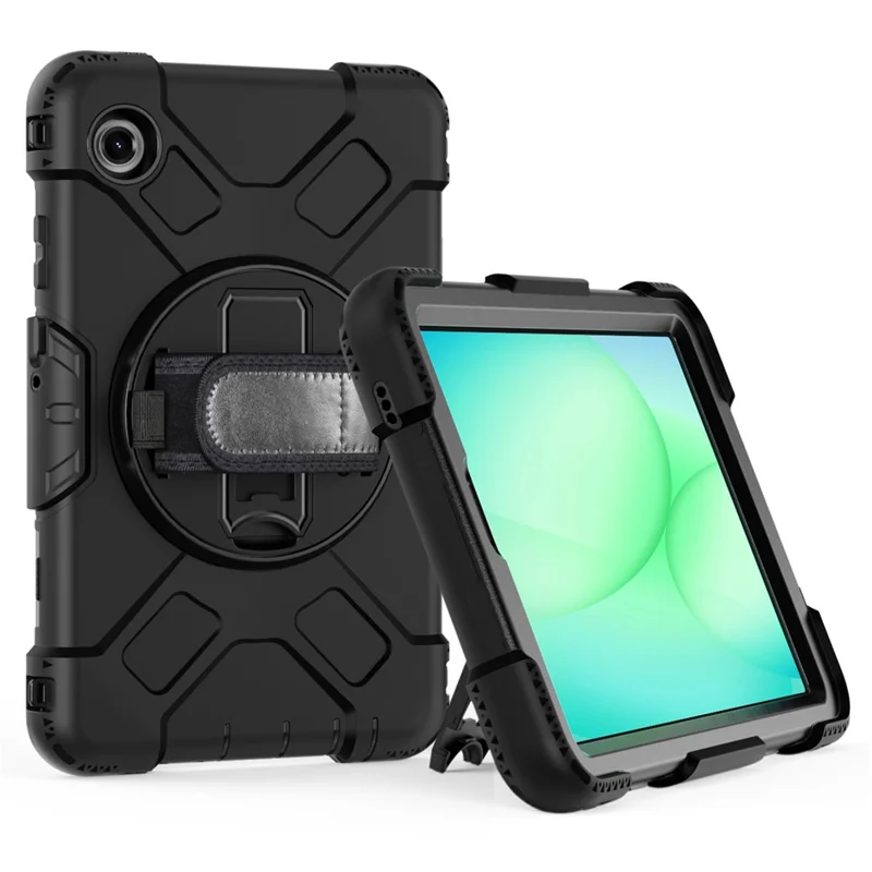 For Samsung Galaxy Tab A11 Case Kickstand PC + Silicone Tablet Cover with Shoulder Strap - Black