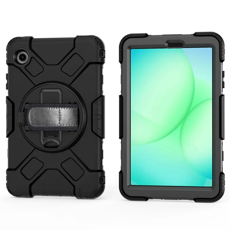 For Samsung Galaxy Tab A11 Case Kickstand PC + Silicone Tablet Cover with Shoulder Strap - Black