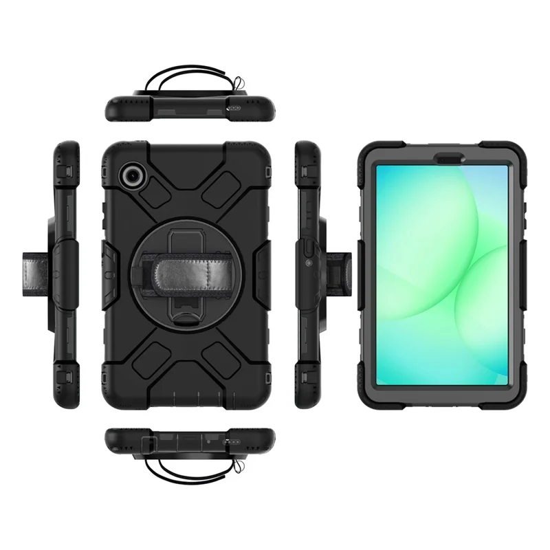 For Samsung Galaxy Tab A11 Case Kickstand PC + Silicone Tablet Cover with Shoulder Strap - Black