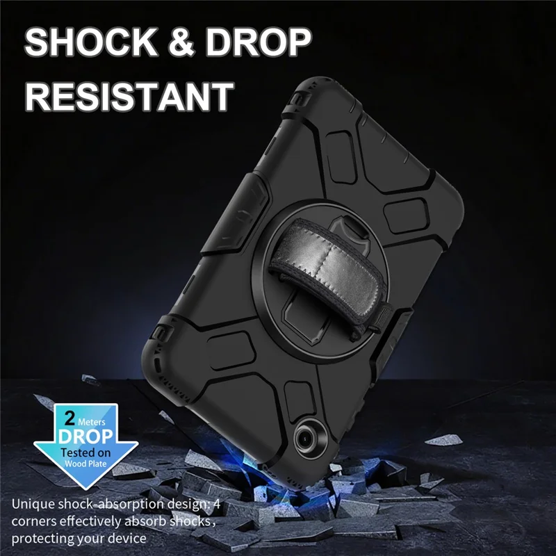 For Samsung Galaxy Tab A11 Case Kickstand PC + Silicone Tablet Cover with Shoulder Strap - Black