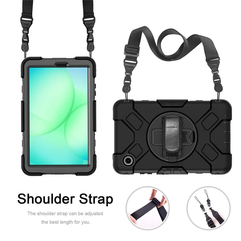 For Samsung Galaxy Tab A11 Case Kickstand PC + Silicone Tablet Cover with Shoulder Strap - Black