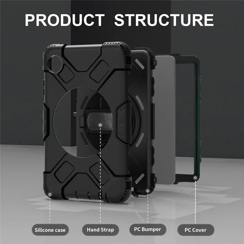 For Samsung Galaxy Tab A11 Case Kickstand PC + Silicone Tablet Cover with Shoulder Strap - Black