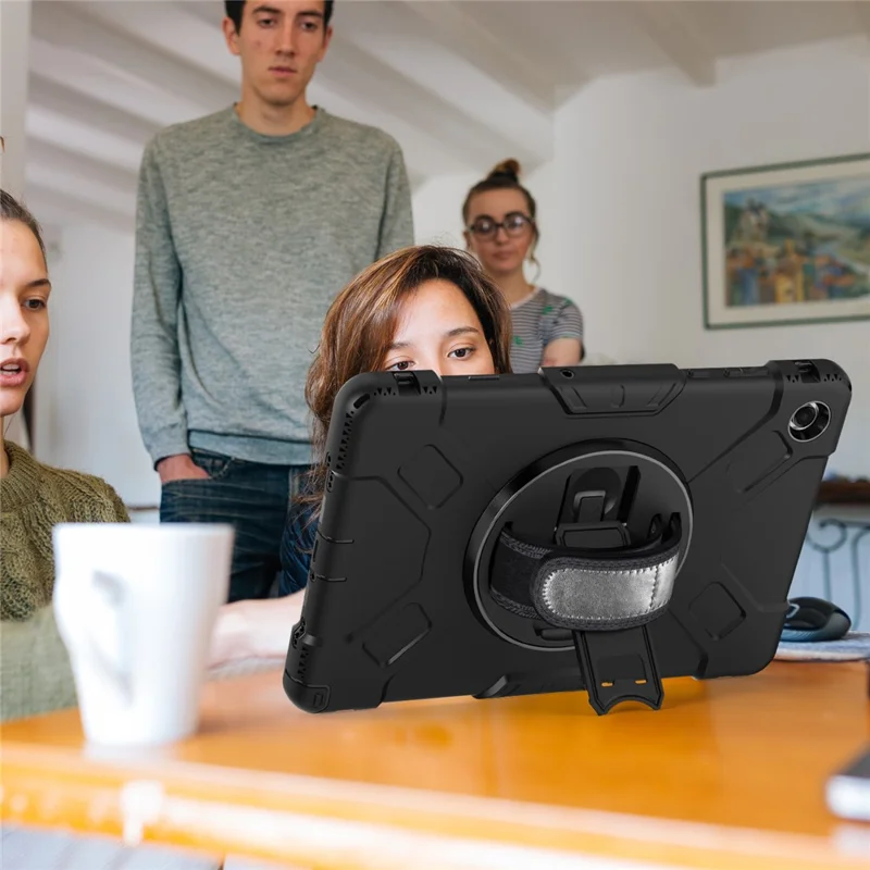 حالة سامسونج جالكسي تاب A11+ حامل دوار PC + غطاء لوحي من السيليكون مع حزام كتف - أسود