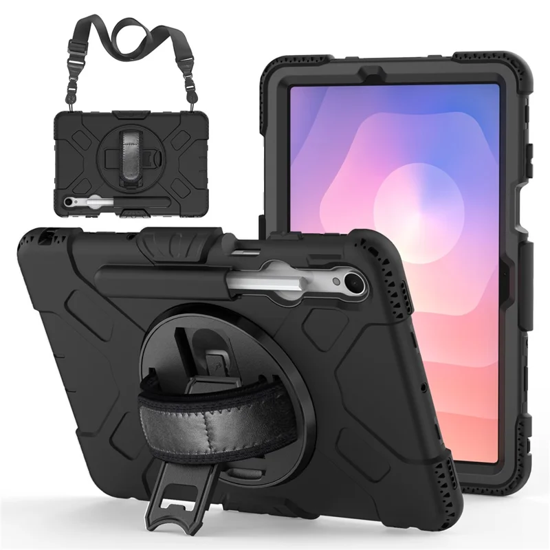 For Samsung Galaxy Tab S11 Kickstand Case Pen Slot PC + Silicone Tablet Cover with Shoulder Strap - Black