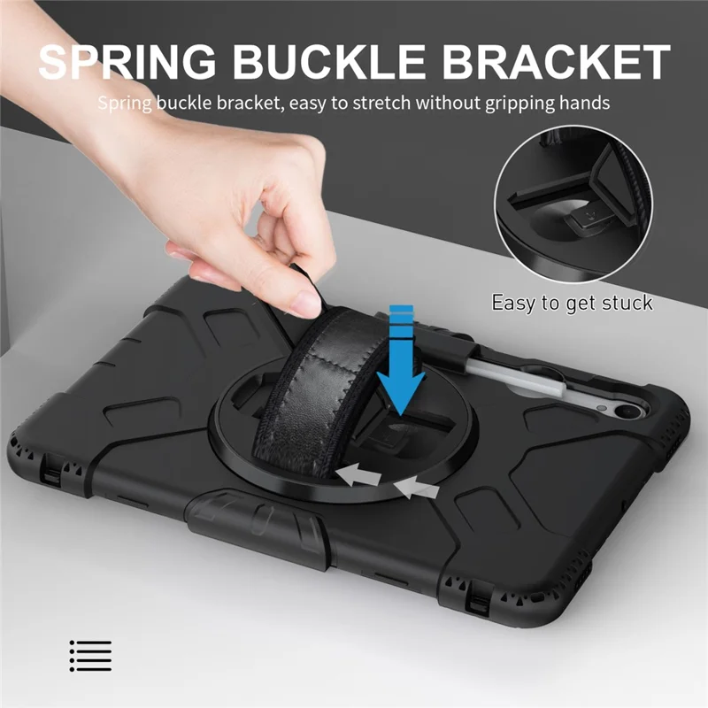 For Samsung Galaxy Tab S11 Kickstand Case Pen Slot PC + Silicone Tablet Cover with Shoulder Strap - Black