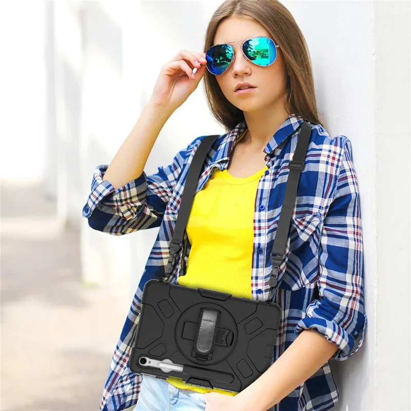 For Samsung Galaxy Tab S11 Kickstand Case Pen Slot PC + Silicone Tablet Cover with Shoulder Strap - Black