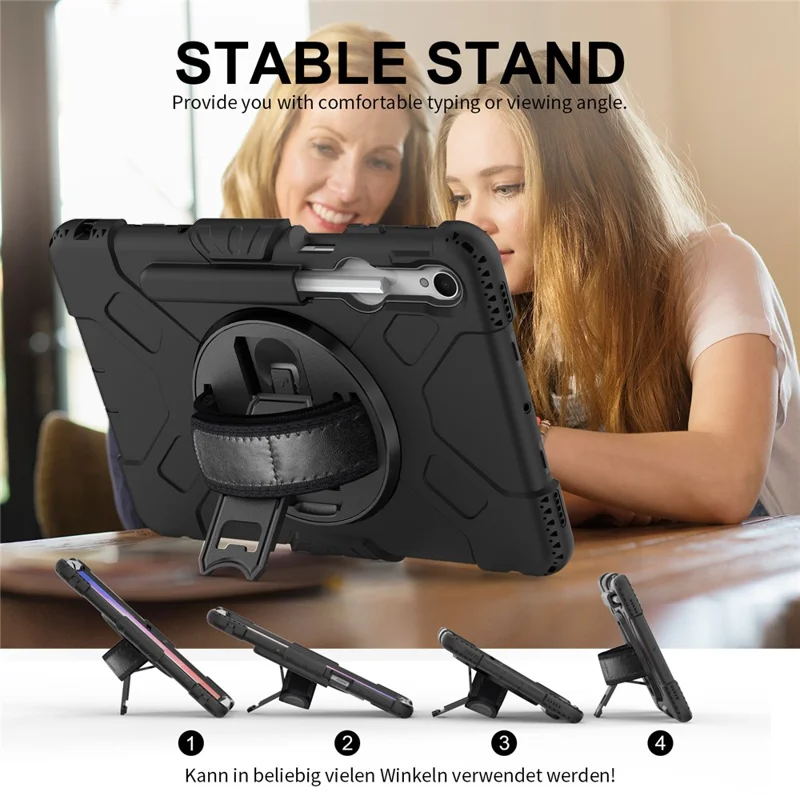 For Samsung Galaxy Tab S11 Kickstand Case Pen Slot PC + Silicone Tablet Cover with Shoulder Strap - Black