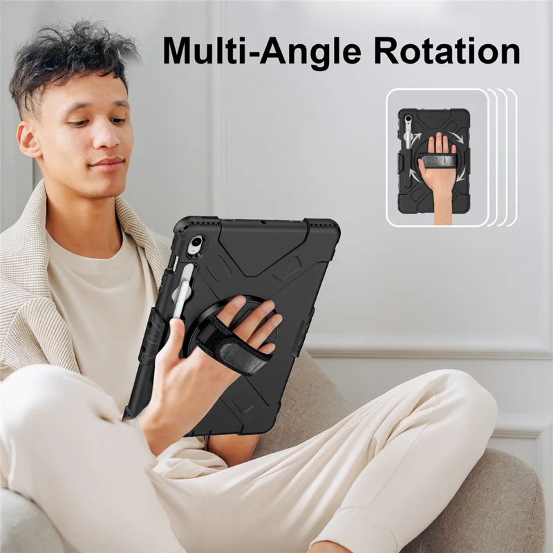 For Samsung Galaxy Tab S11 Kickstand Case Pen Slot PC + Silicone Tablet Cover with Shoulder Strap - Black