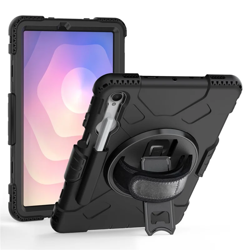 For Samsung Galaxy Tab S11 Kickstand Case Pen Slot PC + Silicone Tablet Cover with Shoulder Strap - Black