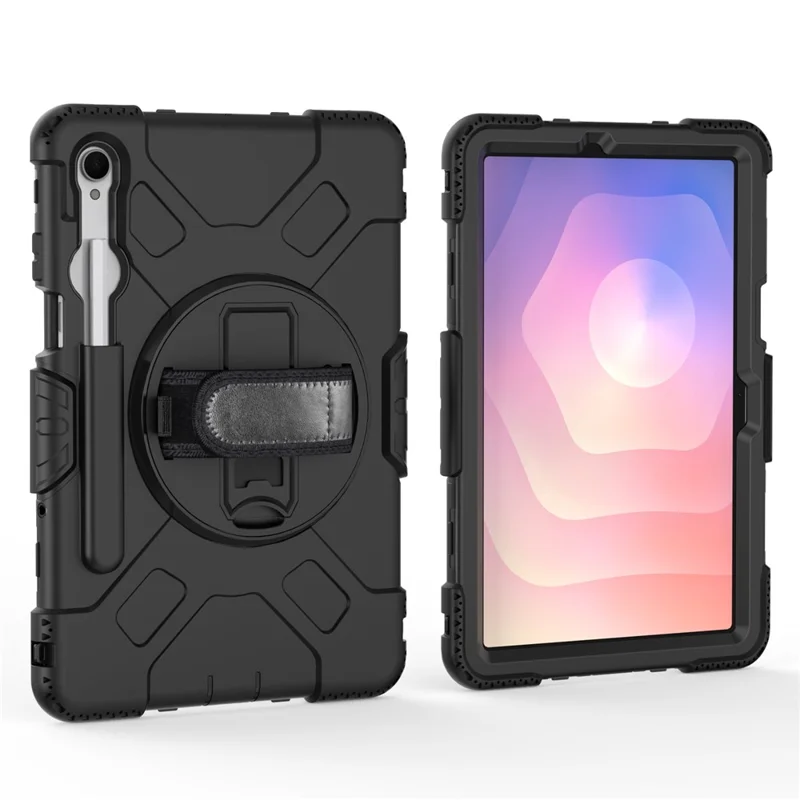 For Samsung Galaxy Tab S11 Kickstand Case Pen Slot PC + Silicone Tablet Cover with Shoulder Strap - Black