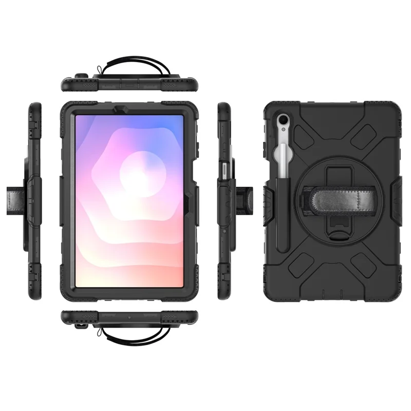 For Samsung Galaxy Tab S11 Kickstand Case Pen Slot PC + Silicone Tablet Cover with Shoulder Strap - Black