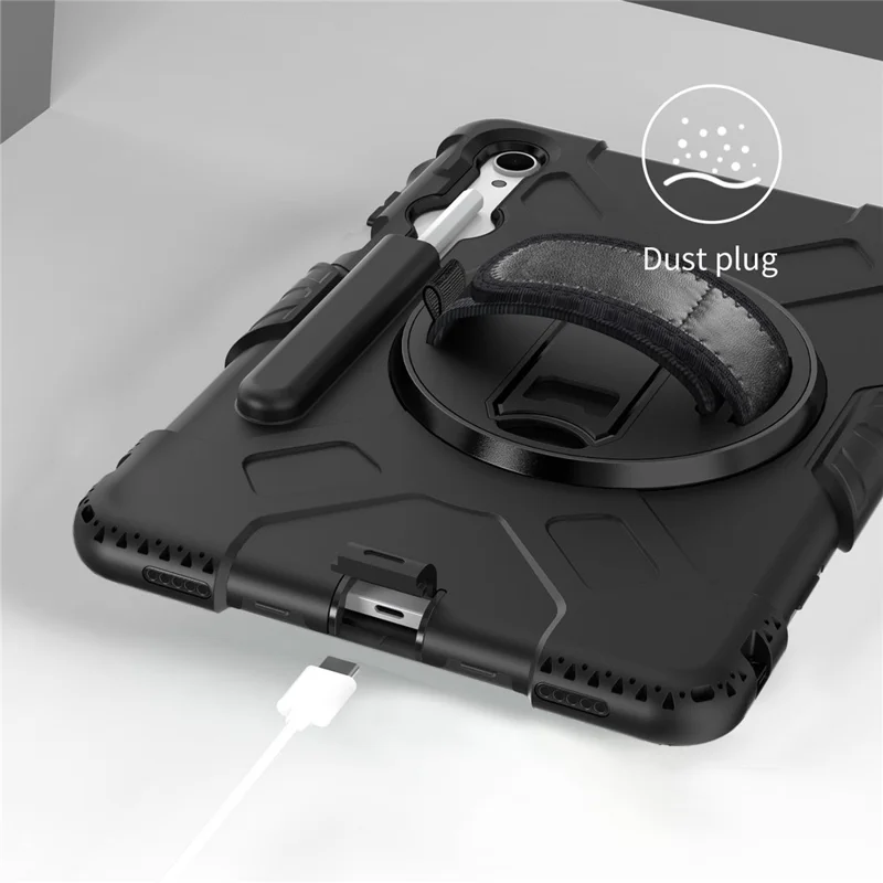 For Samsung Galaxy Tab S11 Kickstand Case Pen Slot PC + Silicone Tablet Cover with Shoulder Strap - Black