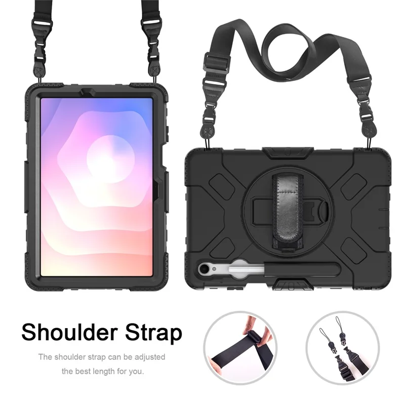 For Samsung Galaxy Tab S11 Kickstand Case Pen Slot PC + Silicone Tablet Cover with Shoulder Strap - Black