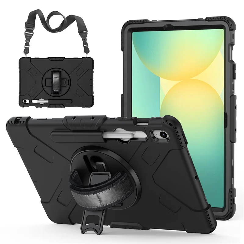 Étui à support pivotant pour Samsung Galaxy Tab S10 FE+, avec logement pour stylet, coque tablette PC + silicone et sangle d'épaule - Noir