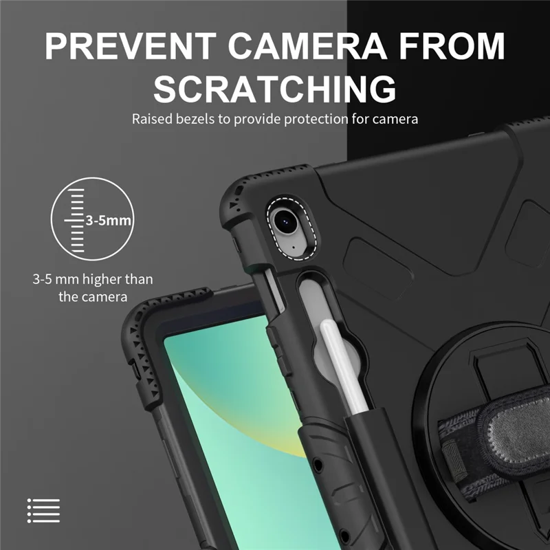 Étui à support pivotant pour Samsung Galaxy Tab S10 FE+, avec logement pour stylet, coque tablette PC + silicone et sangle d'épaule - Noir