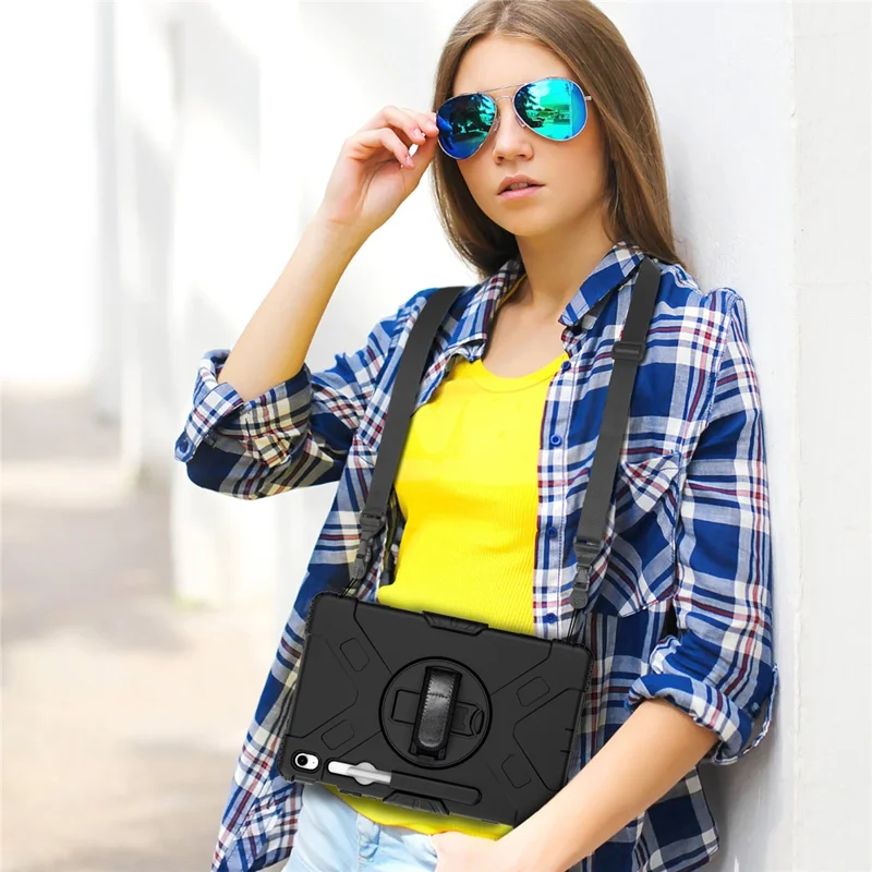 Étui à support pivotant pour Samsung Galaxy Tab S10 FE+, avec logement pour stylet, coque tablette PC + silicone et sangle d'épaule - Noir