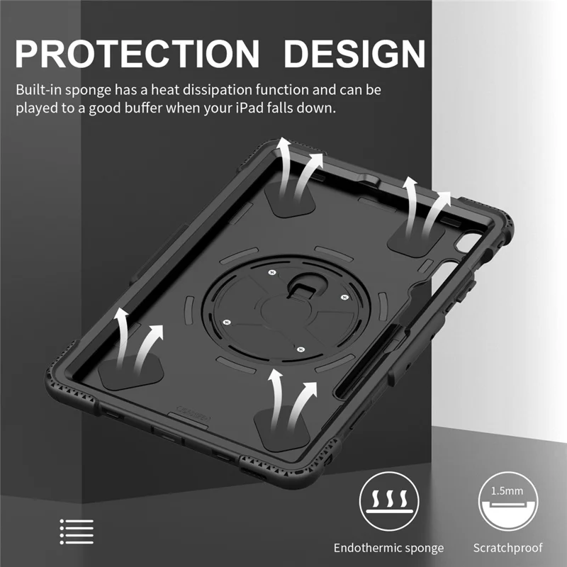 Étui à support pivotant pour Samsung Galaxy Tab S10 FE+, avec logement pour stylet, coque tablette PC + silicone et sangle d'épaule - Noir