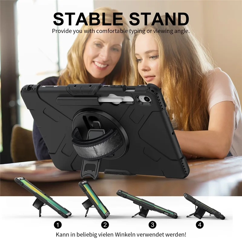 Étui à support pivotant pour Samsung Galaxy Tab S10 FE+, avec logement pour stylet, coque tablette PC + silicone et sangle d'épaule - Noir